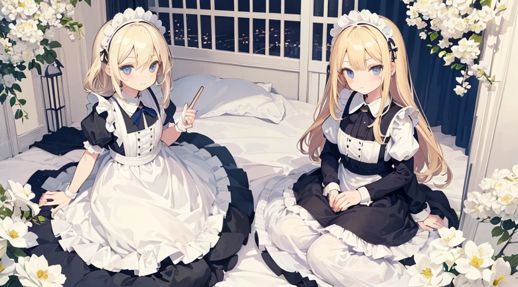 (2 girls, maid, blonde hair, blue eyes, cute, kawaii), (room with white flowers), (low contrast, flat color, limited palette)