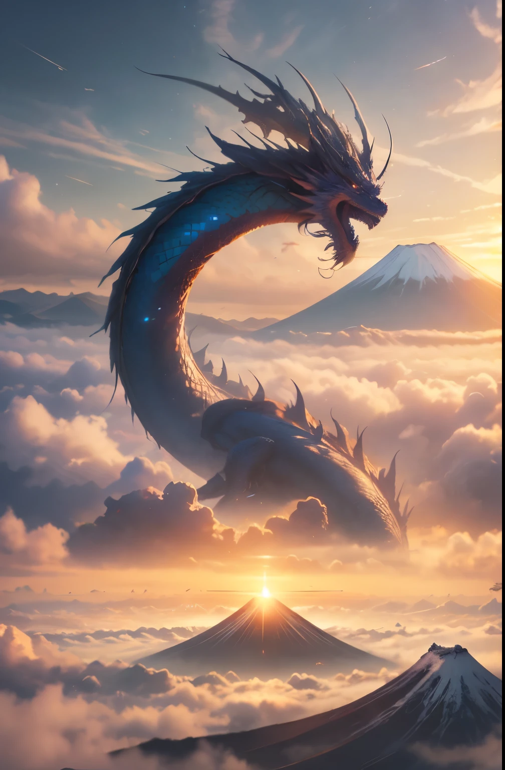 Close-up of a dragon flying in the sky with sunrise and Mt. Fuji in the background, hyperrealistic d & d fantasy art, anime epic artwork, jessica rossier fantasy art, A giant dragon flying in the sky, epic fantasy artwork, 2. 5 d cgi anime fantasy artwork, concept art wallpaper 4k, highly detailed fantasy art