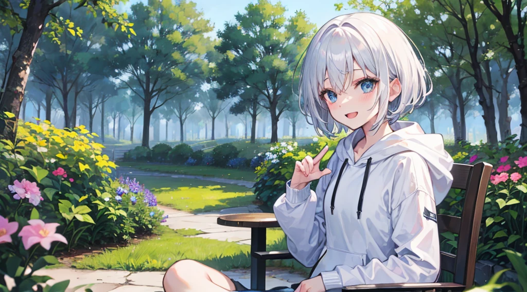 (masutepiece: 1.2, Best Quality), 1 Lady, Solo, silber hair,Shoulder out,Very short hair, long bangs between eyes, blue eyess,Black eyes, Hoodie,White hair, Silver hair, Hoodie, White hoodie、blue-sky、fountain in the forest、flower field、sit a chair、A smile、open open mouth、5 fingers