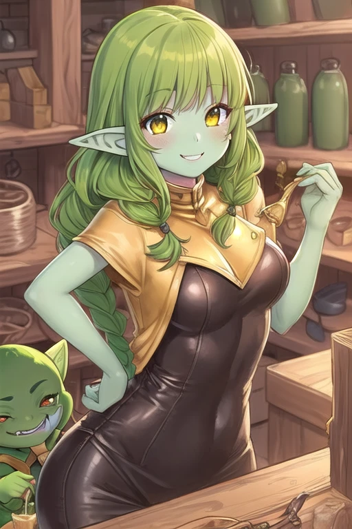 masterpiece, best quality, ultra-detailed, 1 girl, goblin girl, female goblin, goblin, 1girl, (green skin), long pointy ears, makima, Green hair, long braided hair, golden eyes, bangs, medium breasts, smile, (lworking in the leather shop), short