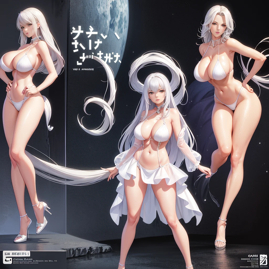 level animation works,An impeccable masterpiece,A mature lady wearing cool sexy clothing stands against a pure white background,Silver-haired woman,standing full-body,slender leg,humongous large breast,Straight chest,Detailed facial details,natural beautiful standing,Vivid and authentic body details