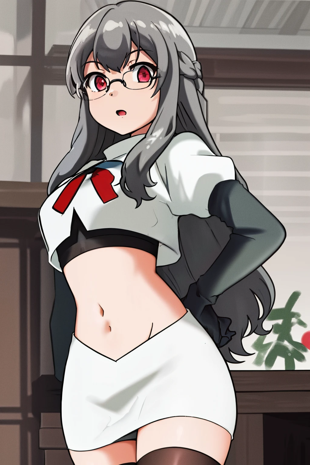futaba rio,glasses,(gray hair),very detailed ,highres,(masterpiece_1.0),(best quality_1.0),team rocket,team rocket uniform,white skirt,red letter R,crop top,black thigh-highs,black elbow gloves,