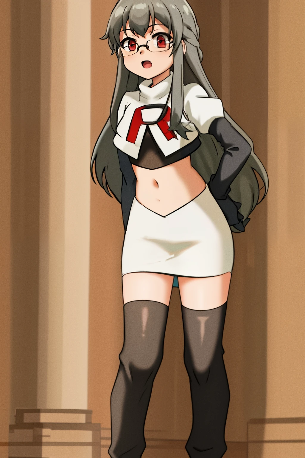 futaba rio,glasses,(gray hair),very detailed ,highres,(masterpiece_1.0),(best quality_1.0),team rocket,team rocket uniform,white skirt,red letter R,crop top,black thigh-highs,black elbow gloves,