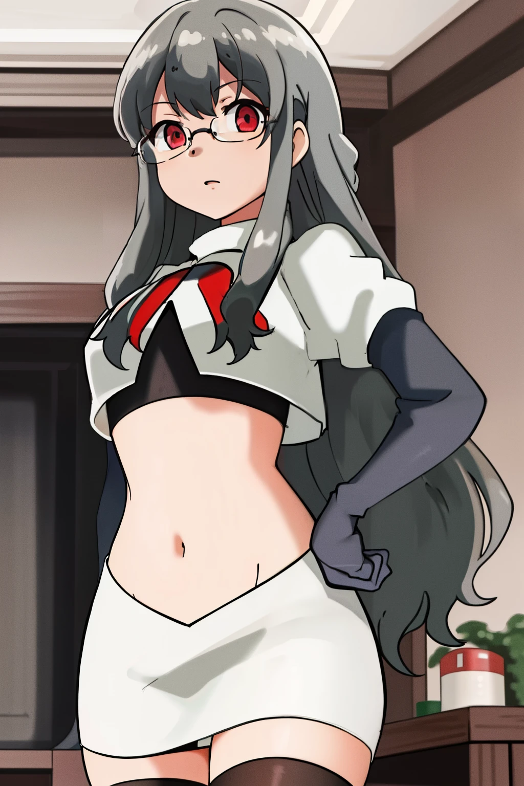 futaba rio,glasses,(gray hair),very detailed ,highres,(masterpiece_1.0),(best quality_1.0),team rocket,team rocket uniform,white skirt,red letter R,crop top,black thigh-highs,black elbow gloves,