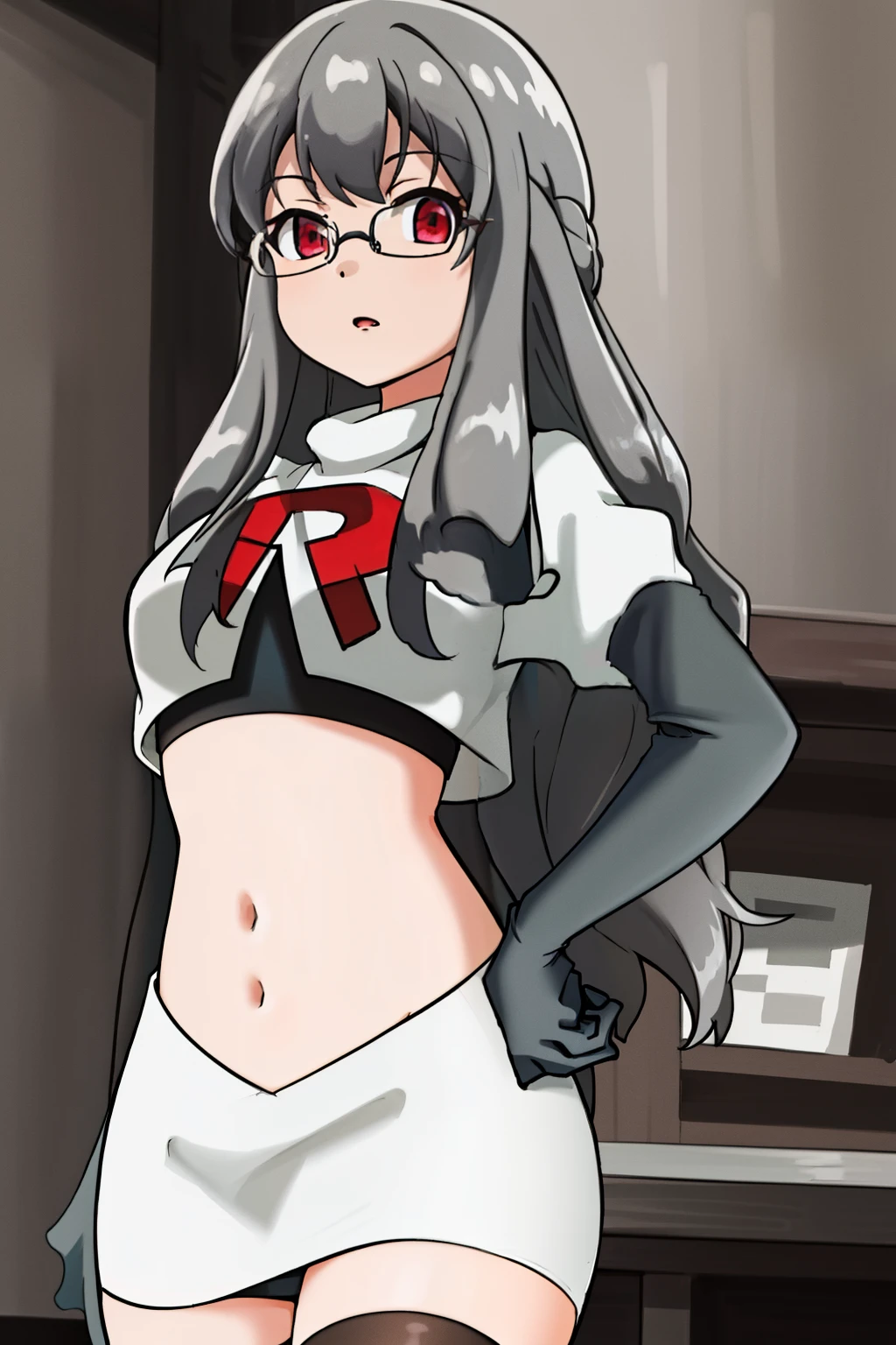 futaba rio,glasses,(gray hair),very detailed ,highres,(masterpiece_1.0),(best quality_1.0),team rocket,team rocket uniform,white skirt,red letter R,crop top,black thigh-highs,black elbow gloves,