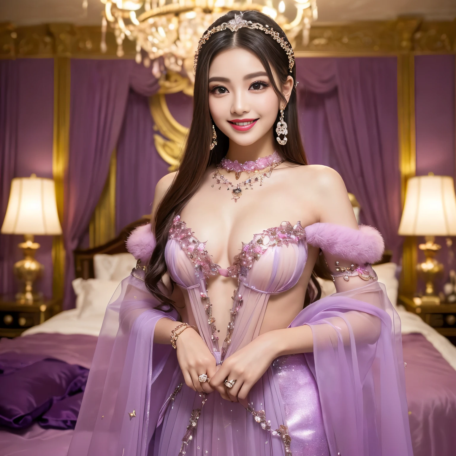 ((top-quality、masutepiece、8K、Top image quality、Highly complex and detailed depictions))、、(Very young 12 year old goddess:1.4)、(Japan'the most gorgeous whore goddess:1.1)、((The most gorgeous prostitution goddess huge costume、The most vivid and luxurious costume Iglon costume、The unimaginably luxurious goddess room、Glittering purple and pink room、purple and pink interior、The most luxurious purple and pink room、purple and pink gems、A night spent in a glittering room decorated with lots of jewelry、Very complex decoration、A very transparent goddess room))、(View me、Bewitching smile、Perfect makeup、long eyelashes、lipsticks、Pink eyeshadows、perfect anatomia、Biggest smile)