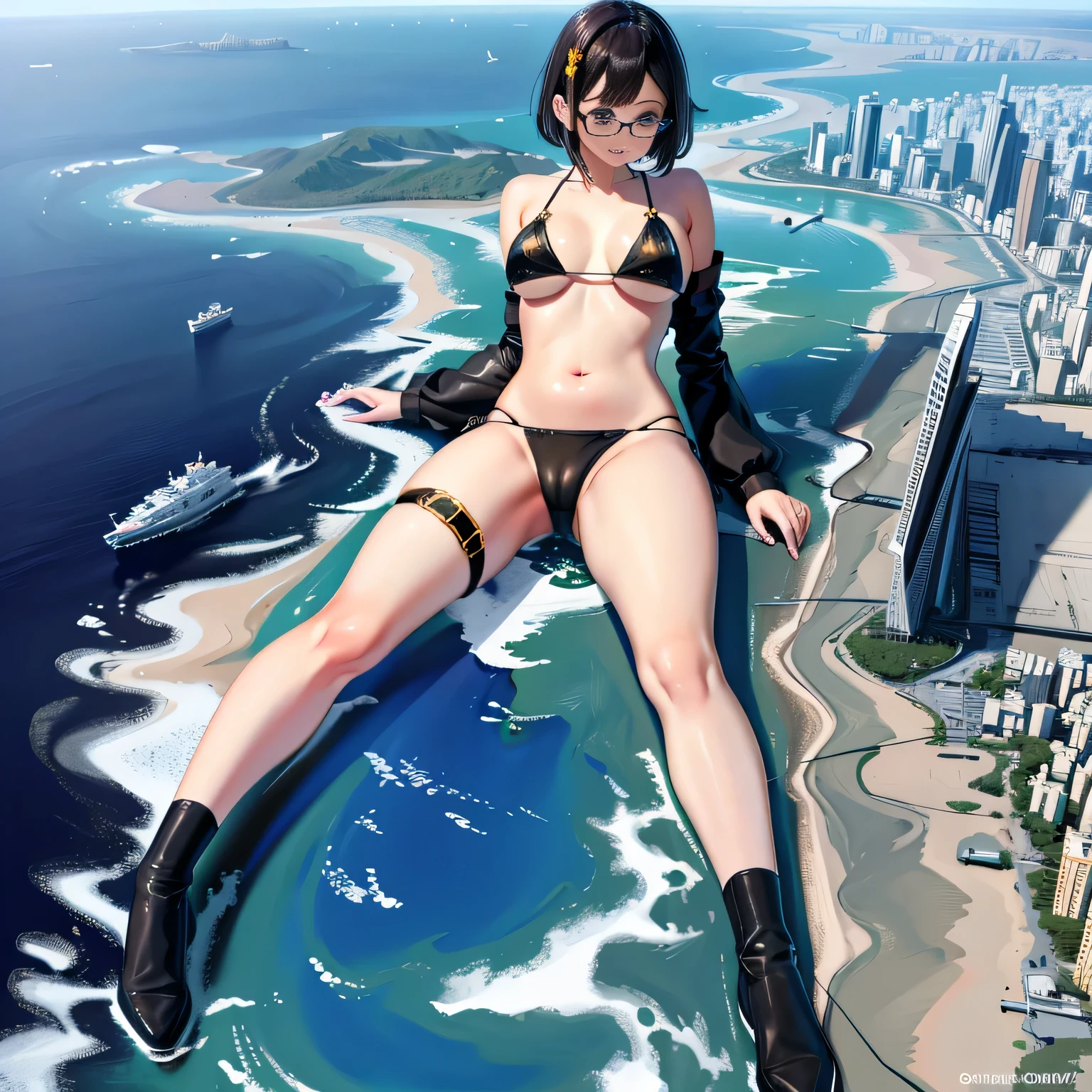 Multiple girls, der riese art, 非常に詳細なder rieseショット, der riese, Shorthair, Giant woman bigger than a skyscraper, Wearing rimless glasses, Colossal tits, Big ass, Bikini swimwear, i'I'm playing with small aircraft carriers and battleships in the land of dwarfs.。., nffsw, giga der riese, der riese, crashed warship, small warship, micro warship,