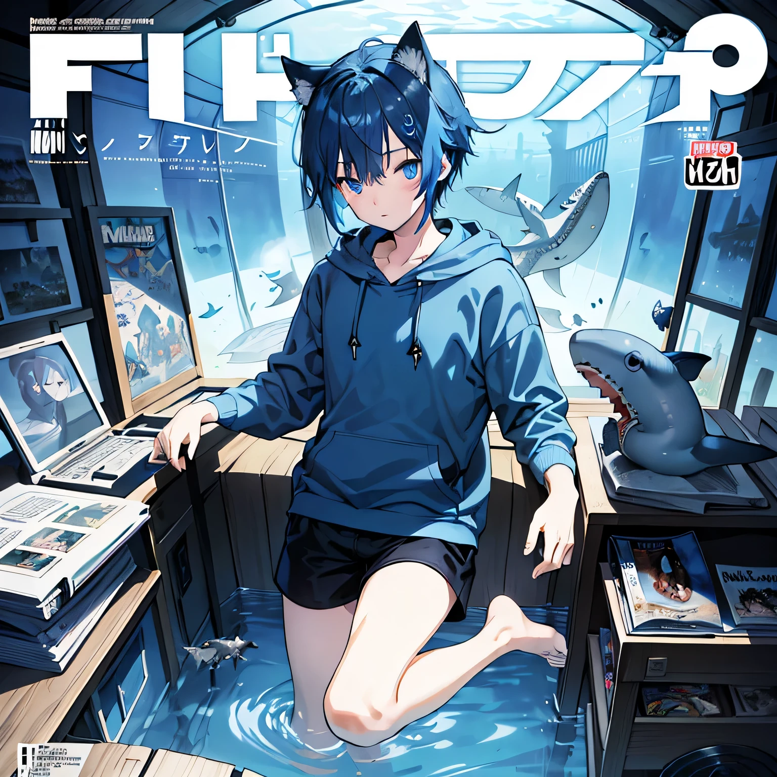 masterpiece, best quality, full body, (1boy), (wearing a blue shark hoodie), (Boy Messy Japanese Round Haircut for Thick Hair), (blue hair), black shorts, ((solo)), (magazine:1.3), (cover-style:1.3), fashionable,Under water, (in side tunnel aquarium),