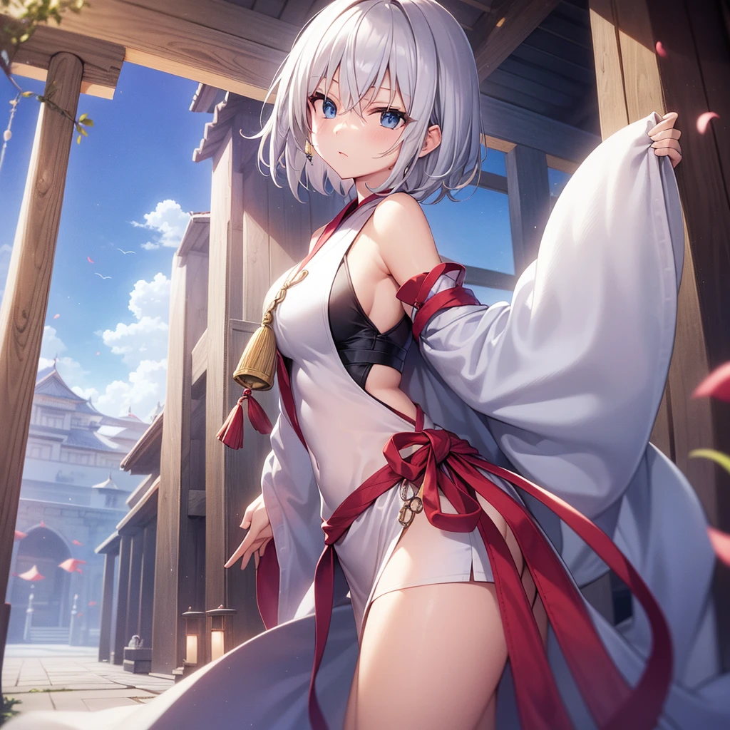 (masutepiece: 1.2, Best Quality), 1 Lady, Solo, silber hair,Shoulder out,Very short hair, long bangs between eyes, blue eyess,Black eyes,,White hair, Silver hair, shrine maiden clothe、shrines、