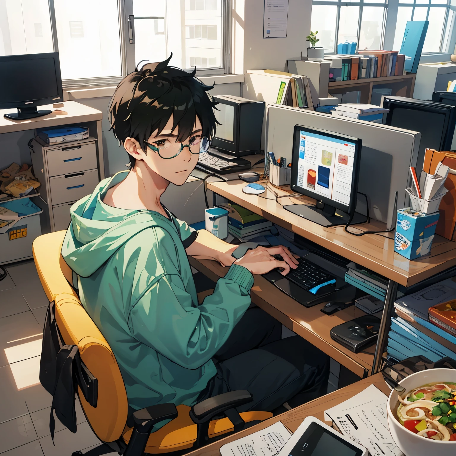masutepiece, Best Quality, 1 male, College student, skinny, Short, gamer, Black hair, Glasses, in the school dormitory, Desk full of junk, bottles, instant ramen cup, junk food, drink, sit a chair, Type on a computer, he is looking at the computer, Casual clothing, Cute mascot