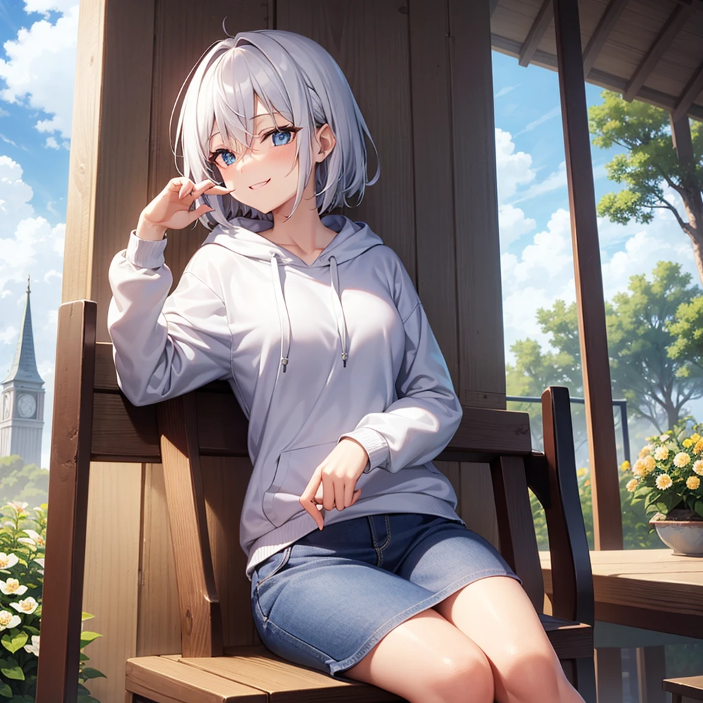 (masutepiece: 1.2, Best Quality), 1 Lady, Solo, silber hair,Shoulder out,Very short hair, long bangs between eyes, blue eyess,Black eyes, Hoodie,White hair, Silver hair, Hoodie, White hoodie、blue-sky、in woods、izumi、flower field、sit a chair、A smile、open open mouth、5 fingers