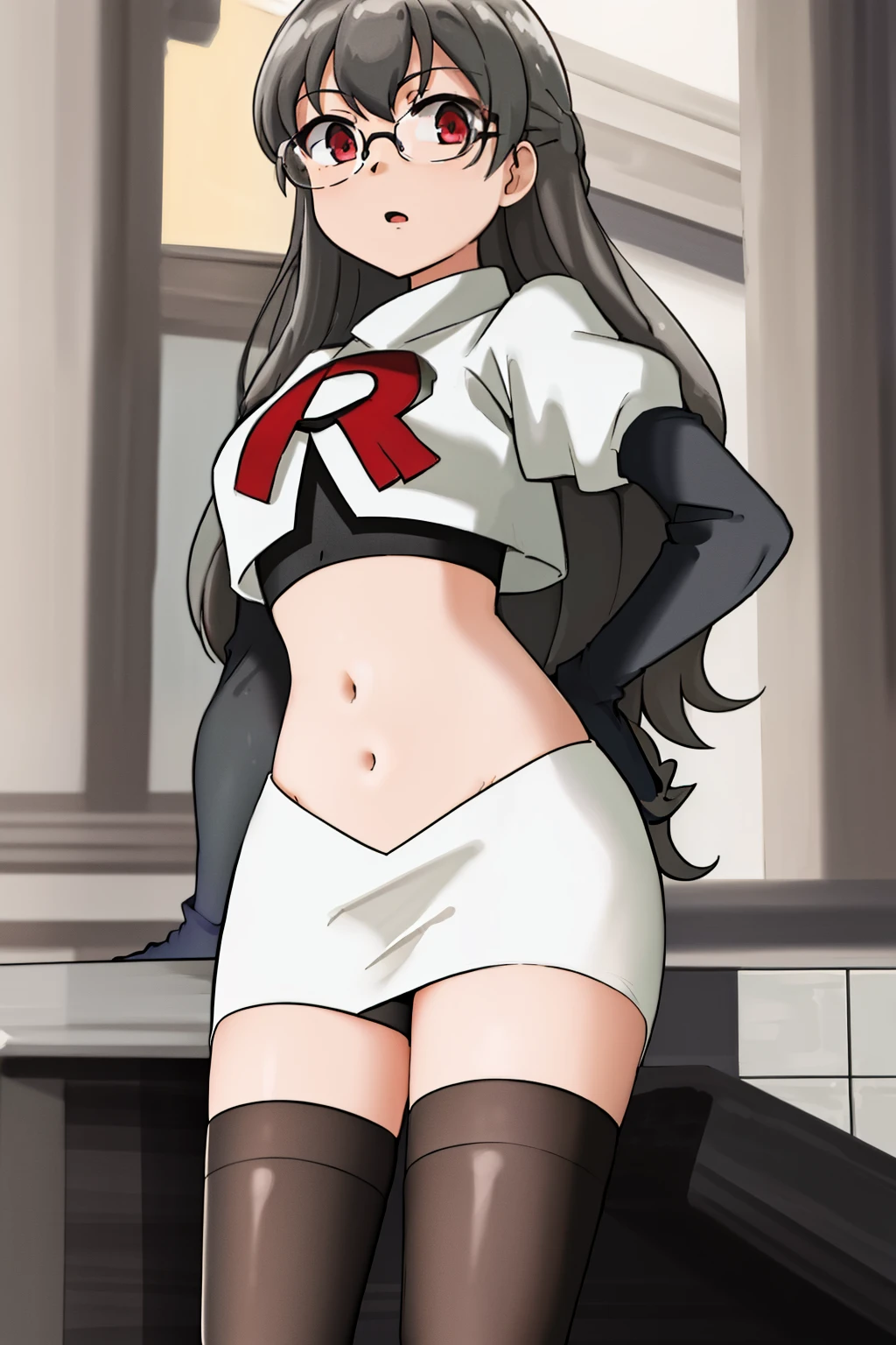 futaba rio,glasses,(gray hair),very detailed ,highres,(masterpiece_1.0),(best quality_1.0),team rocket,team rocket uniform,white skirt,red letter R,crop top,black thigh-highs,black elbow gloves,