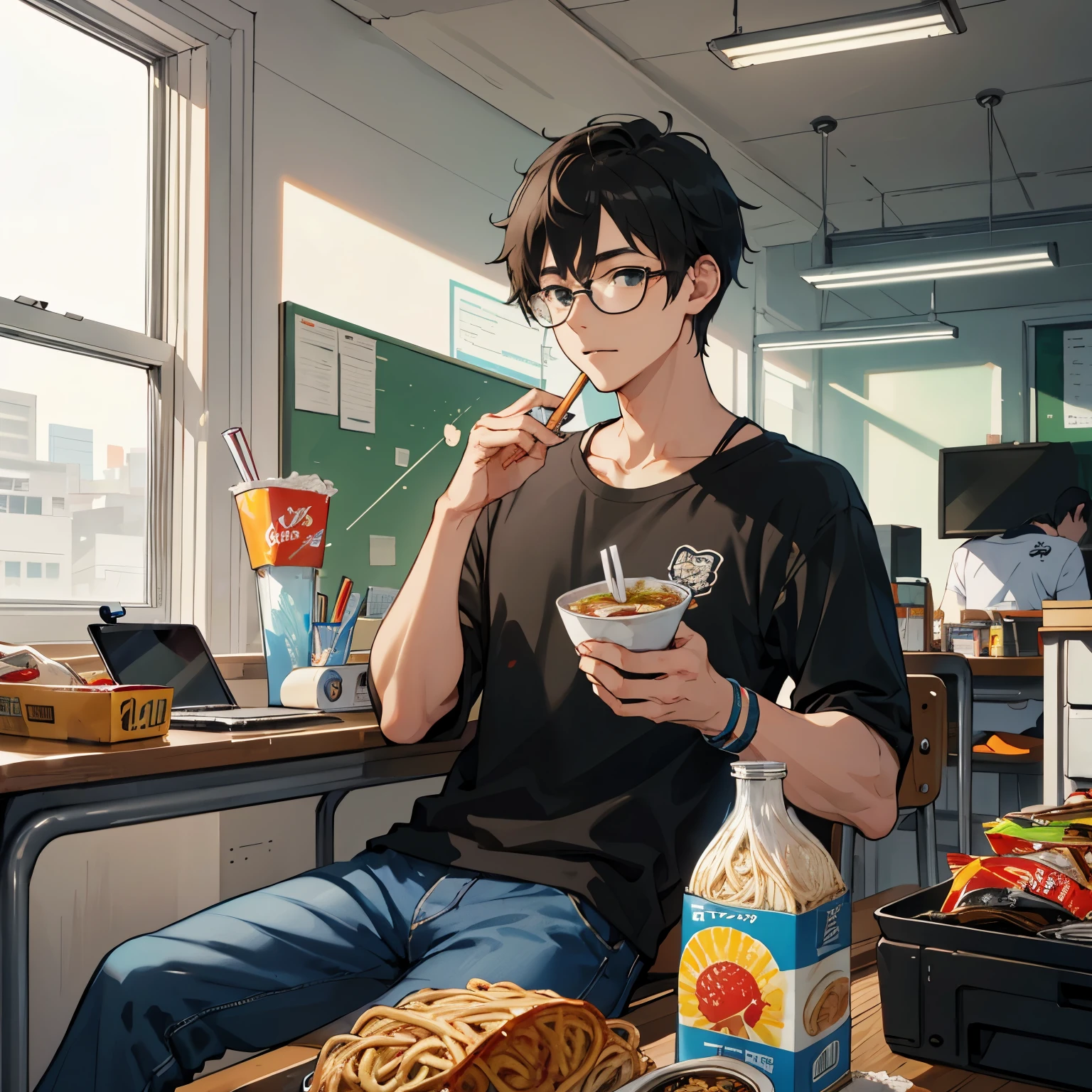 masutepiece, Best Quality, 1 male, College student, skinny, Short, gamer, Black hair, Glasses, in the school dormitory, Desk full of junk, bottles, instant ramen cup, junk food, drink, sit a chair, Type on a computer, he is looking at the computer, Casual clothing, Cute mascot