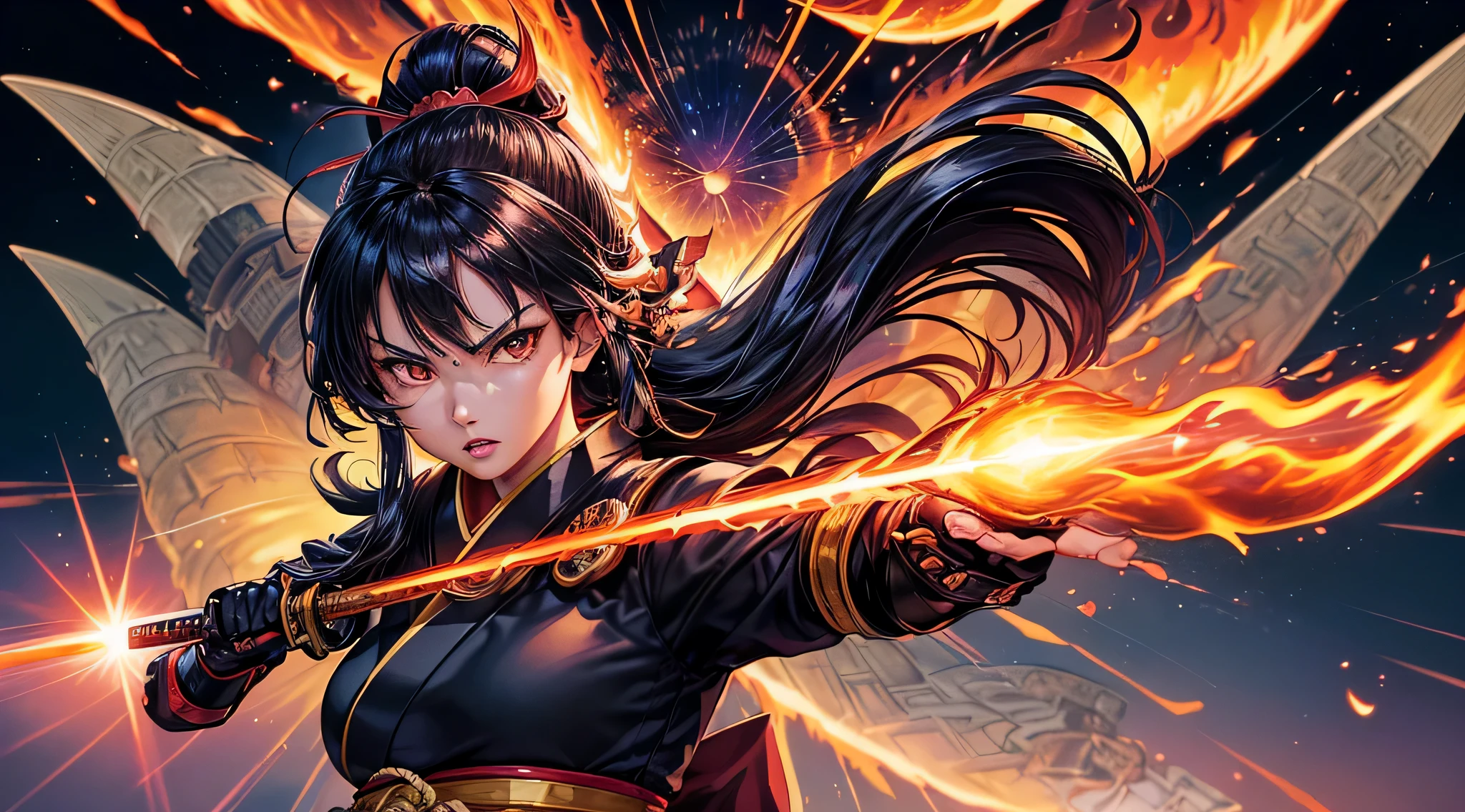 masterpiece,8k,best quality,ultra detailed,ultra highres,(1 Female kunoichi with 1Fairy),(swinging a shinning katana),(Equip a japanese armor),(rage:0.6),(upper body shot:1.2),black hair,Very Long Hair,brown eye,straight hair,(fire:1.1),(Burning-Edge:1.2),(sunrise),(((japanese castle))),(((courtyard))),(Shimmering Nightscapes),(Cosmic Whirl:1.0),(((Heroic pose))),(full lips:1.2),(Radiant Flares:1.2),(((burning-edge:1.3))),(((war))),(((assault:1.3))),(((run:1.2))),(((damaged:1.5))),(((blood dripping from mouth:1.0))),(((profuse bleeding:1.5)))