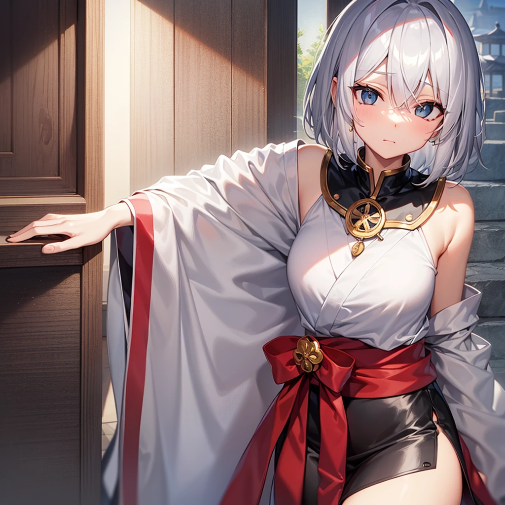 (masutepiece: 1.2, Best Quality), 1 Lady, Solo, silber hair,Shoulder out,Very short hair, long bangs between eyes, blue eyess,Black eyes,,White hair, Silver hair, shrine maiden clothe、shrines、