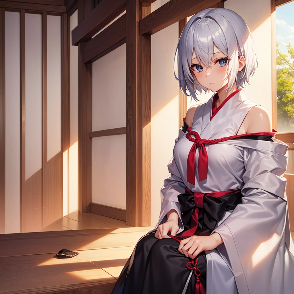 (masutepiece: 1.2, Best Quality), 1 Lady, Solo, silber hair,Shoulder out,Very short hair, long bangs between eyes, blue eyess,Black eyes,,White hair, Silver hair, shrine maiden clothe、shrines、