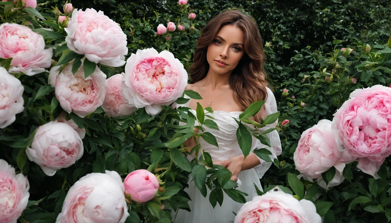 There is a beautiful girl "Alissa Milano", em um vestido de baile, in a place where There are many pink and white roses growing on a bush, roses in cinematic light, jardim de rosas, flores enormes, belas flores crescendo, rosas-brambles, rosas, beautiful aesthetics, belas flores grandes, incrivelmente bonitas, tonalidades rosa claro, com arbustos macios, brilho suave, belas flores, plena flor, flores florescendo, many peonies, muitas flores