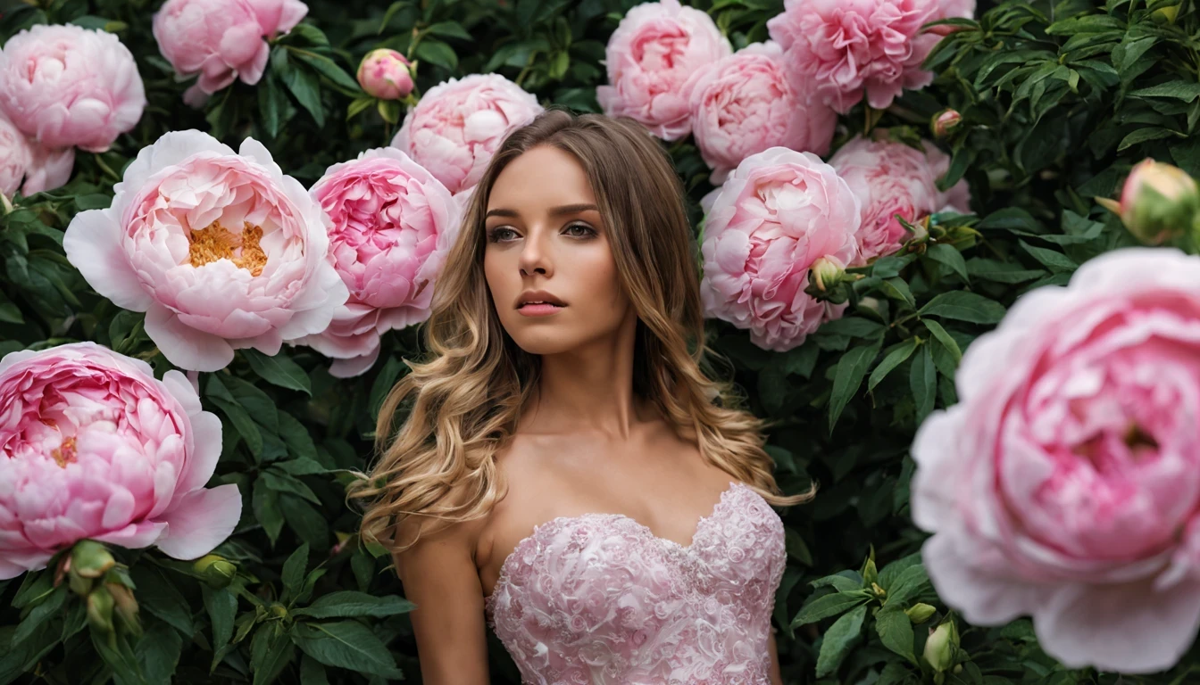 There is a beautiful girl "Âmbar Heard", em um vestido de baile, in a place where There are many pink and white roses growing on a bush, roses in cinematic light, jardim de rosas, flores enormes, belas flores crescendo, rosas-brambles, rosas, beautiful aesthetics, belas flores grandes, incrivelmente bonitas, tonalidades rosa claro, com arbustos macios, brilho suave, belas flores, plena flor, flores florescendo, many peonies, muitas flores