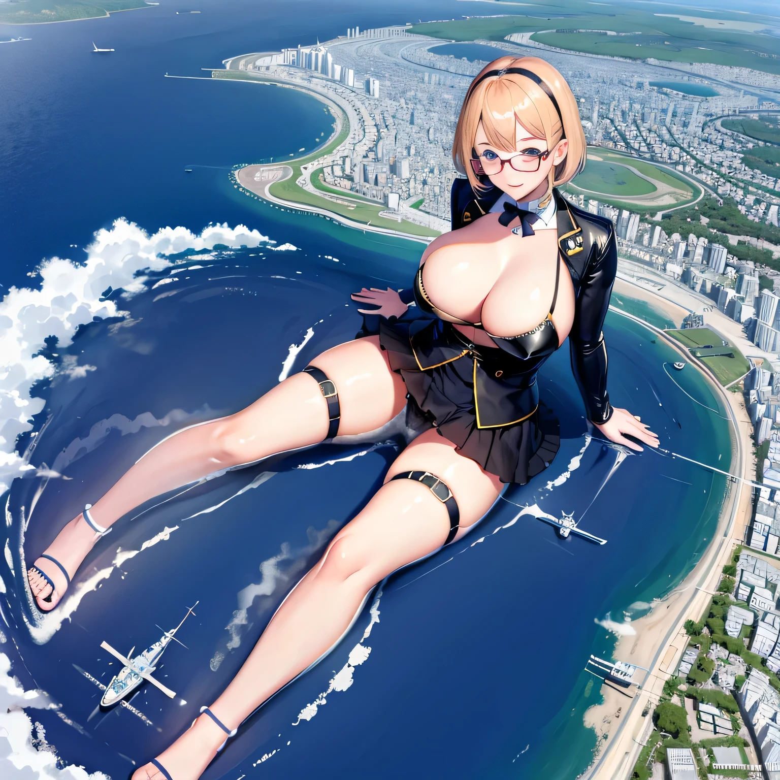 Multiple girls, der riese art, 非常に詳細なder rieseショット, der riese, Shorthair, Giant woman bigger than a skyscraper, Wearing rimless glasses, Colossal tits, Big ass, Bikini swimwear, i'I'm playing with small aircraft carriers and battleships in the land of dwarfs.。., nffsw, giga der riese, der riese, crashed warship, small warship, micro warship,