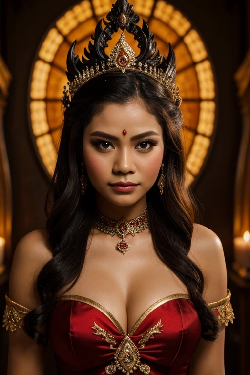 balinese bloody evil queen, bloody villain, scary, wicked, vampire, magical, epic, bloody balinese traditional clothes, brown skin, red eyes, temple background, high res, ultrasharp, 8K, masterpiece