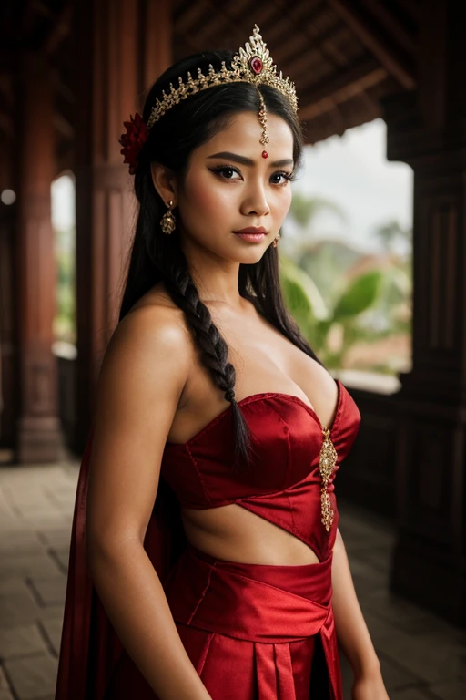balinese bloody evil queen, bloody villain, scary, wicked, vampire, magical, epic, bloody balinese traditional clothes, brown skin, red eyes, temple background, high res, ultrasharp, 8K, masterpiece