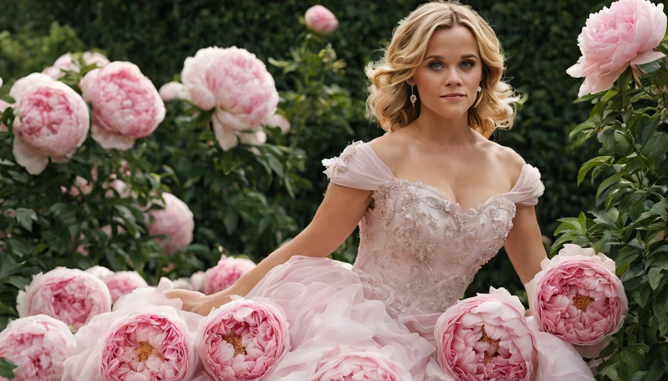 There is a beautiful girl "Reese Colher de cernelha", em um vestido de baile bege, in a place where there are many pink and white roses growing on a bush, roses in cinematic light, jardim de Rosas, Flores enormes, belas flores crescendo, Rosas-brambles, Rosas, beautiful aesthetics, belas flores grandes, incrivelmente bonita, Tons de rosa claro, com arbustos macios, brilho suave, belas flores, plena flor, flores florescendo, many peonies, muitas flores