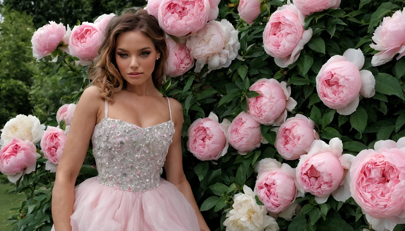 There is a beautiful girl "Margot Robie", em um vestido de baile bege, in a place where there are many pink and white roses growing on a bush, roses in cinematic light, jardim de Rosas, Flores enormes, belas flores crescendo, Rosas-brambles, Rosas, beautiful aesthetics, belas flores grandes, incrivelmente bonita, Tons de rosa claro, com arbustos macios, brilho suave, belas flores, plena flor, flores florescendo, many peonies, muitas flores
