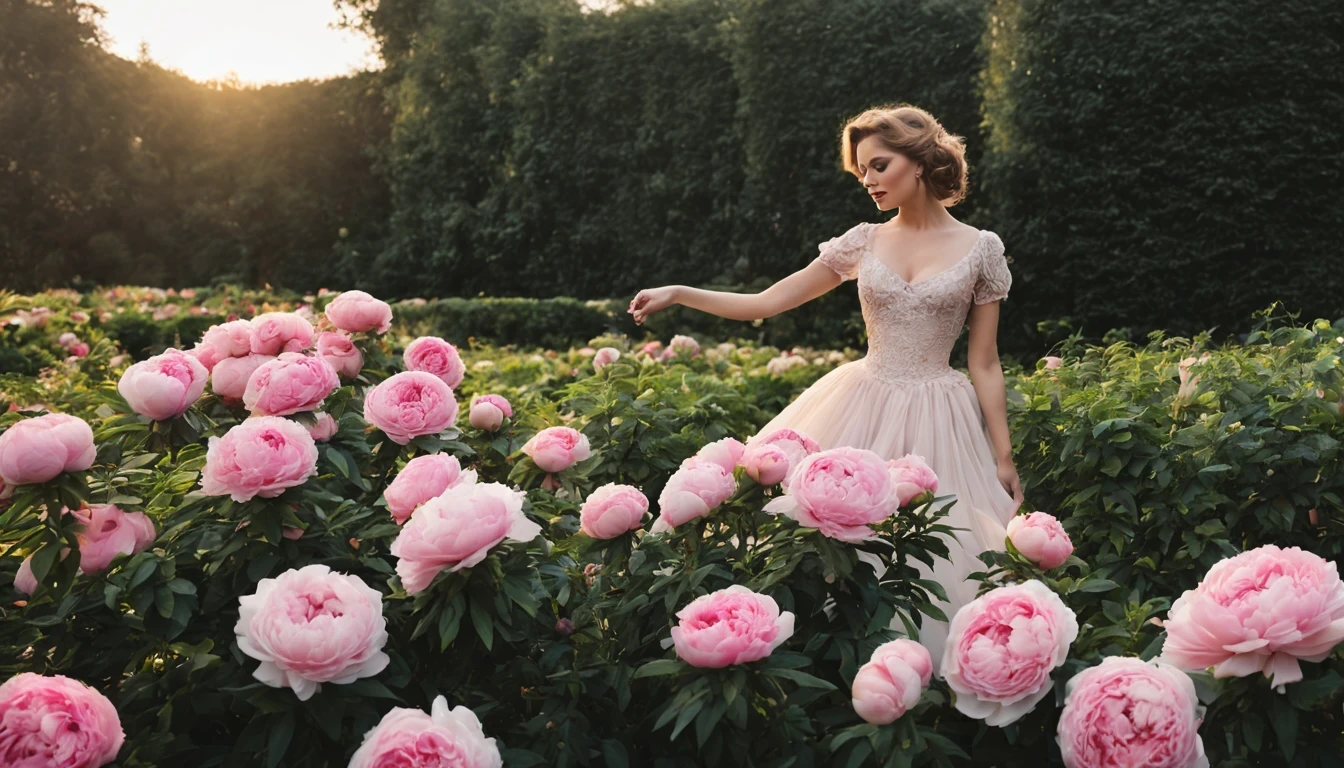 There is a beautiful girl "Margot Robie", em um vestido de baile bege, in a place where there are many pink and white roses growing on a bush, roses in cinematic light, jardim de Rosas, Flores enormes, belas flores crescendo, Rosas-brambles, Rosas, beautiful aesthetics, belas flores grandes, incrivelmente bonita, Tons de rosa claro, com arbustos macios, brilho suave, belas flores, plena flor, flores florescendo, many peonies, muitas flores