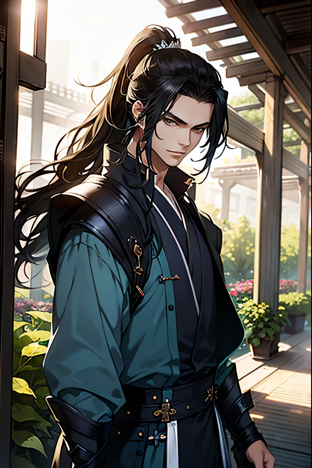 a man in blue clothes,Hanfu,(Best quality at best,A high resolution,The image is clear,Garden scene,:1.2),a boy holding a sword,Long hair and high ponytail,Stormy weather,overcast day,thin fog,
