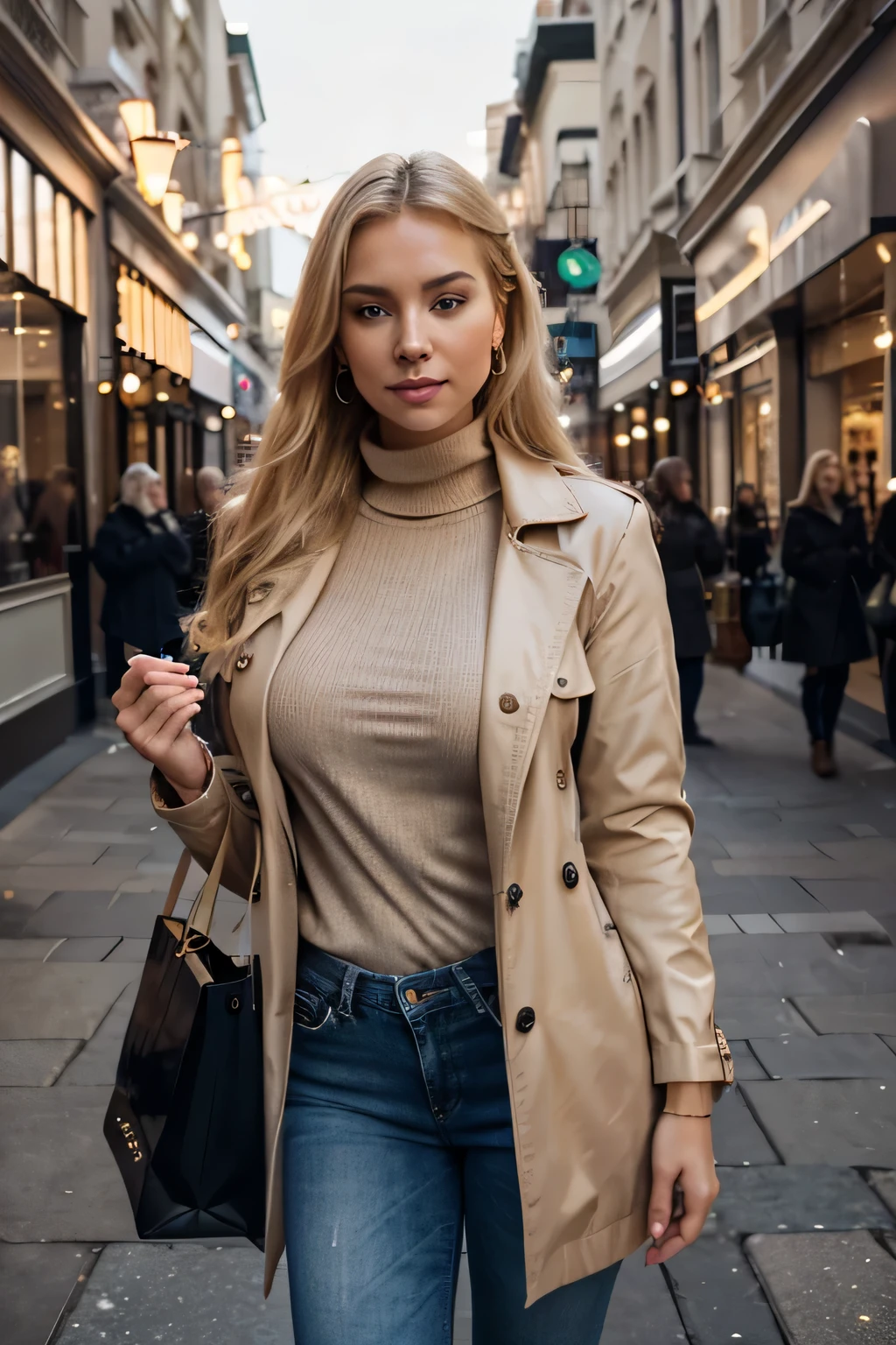 - picture of a 24-year-old blonde and stunning blue-eyed woman standing in front of a luxury shopping center resembling Harrod's in LLondon; the picture shows the entire body from head to toe; she is wearing skin tight blue jeans, beige high heels, a beige trench coat going down towards her chin, a white turtleneck sweater underneath, wears a scarf; in both hands she is holding a dark orange shopping bag with blue handles; she is wearing luxury earrings; some people in the background can be seen; RAW UHD, details (textures! , hair! , glitter, color!! , disadvantages: 1.1), glossy eyes with high detail (looking at the camera), SLR lighting, SLR camera, ultra-quality, sharpness, depth of field, film grain (center), Fujifilm XT3, crystal clear, frame center, beautiful face, sharp focus, detailed skin pores, no make up, show skin realistically, complex eye details, full body, large breasts, very long and very blonde hair
