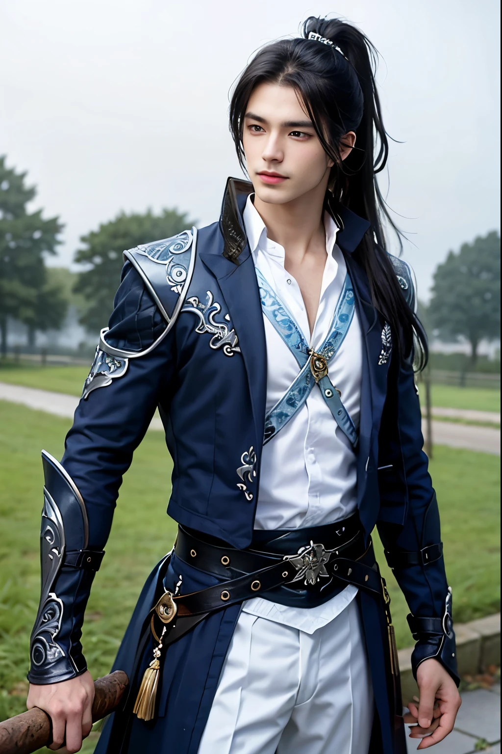 a man in blue clotheest quality at best,A high resolution,The image is clear,Garden scene,:1.2),a boy holding a sword,Long hair and high ponytail,Stormy weather,overcast day,thin fog,