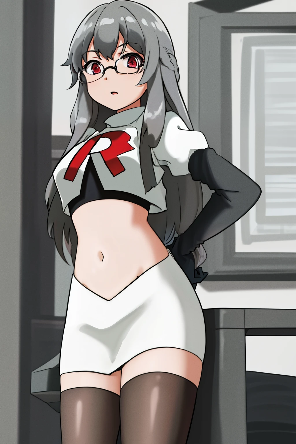 futaba rio,glasses,(gray hair),very detailed ,highres,(masterpiece_1.0),(best quality_1.0),team rocket,team rocket uniform,white skirt,red letter R,crop top,black thigh-highs,black elbow gloves,