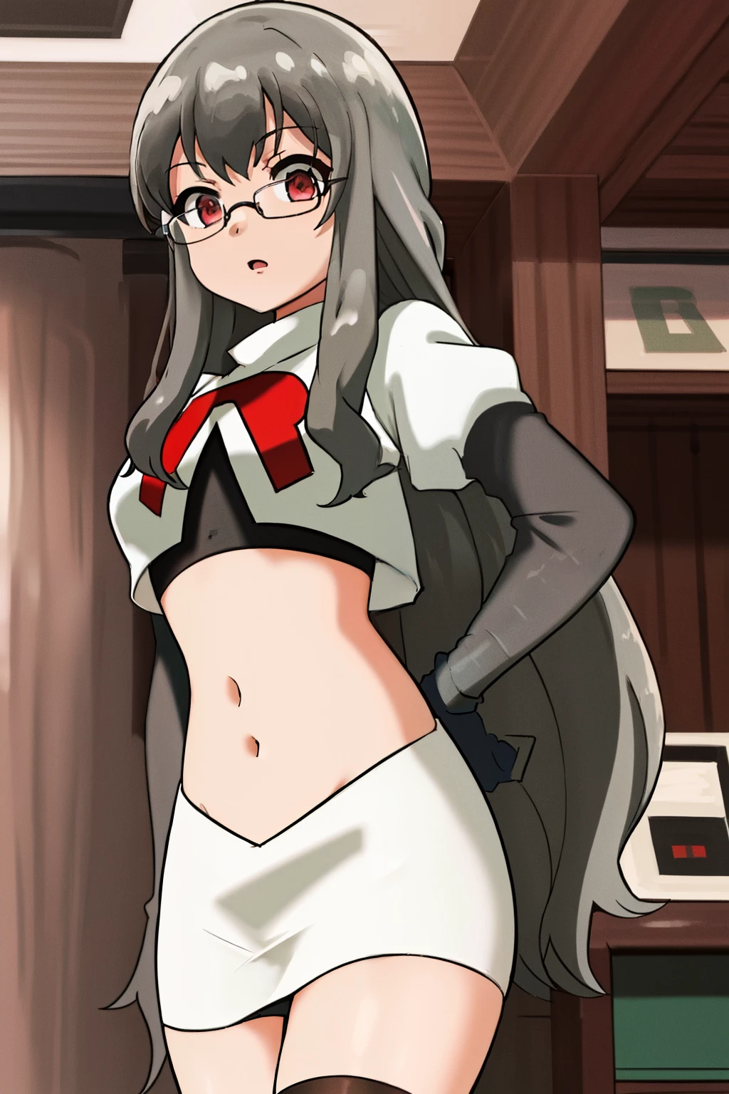 futaba rio,glasses,(gray hair),very detailed ,highres,(masterpiece_1.0),(best quality_1.0),team rocket,team rocket uniform,white skirt,red letter R,crop top,black thigh-highs,black elbow gloves,