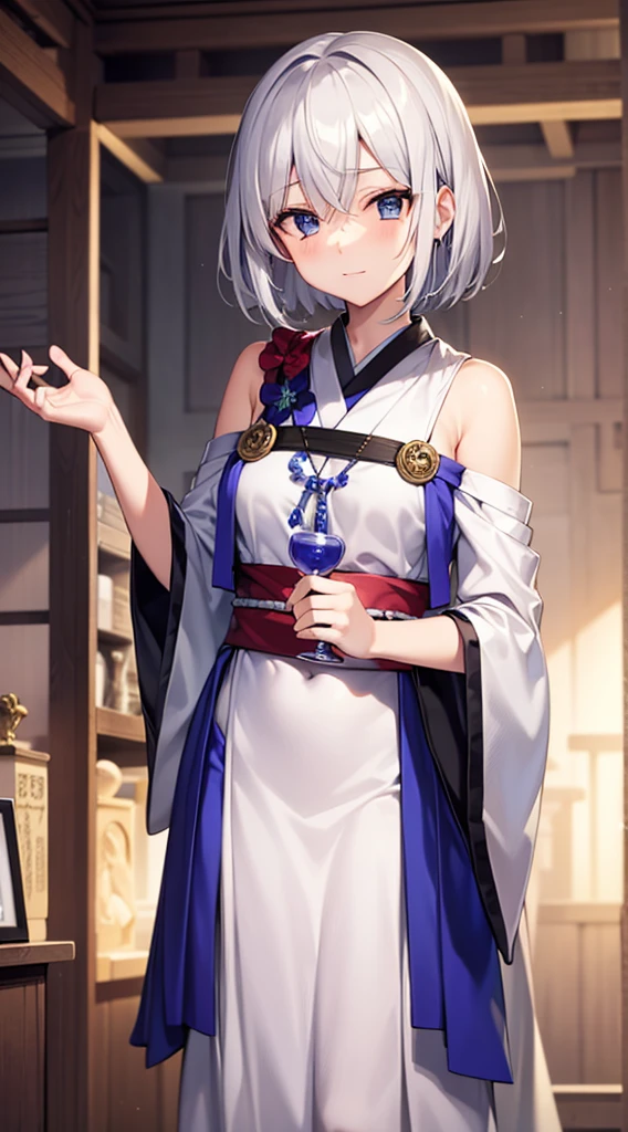 (masutepiece: 1.2, Best Quality), 1 Lady, Solo, silber hair,Shoulder out,Very short hair, long bangs between eyes, blue eyess,Black eyes,,White hair, Silver hair, shrine maiden clothe、shrines、