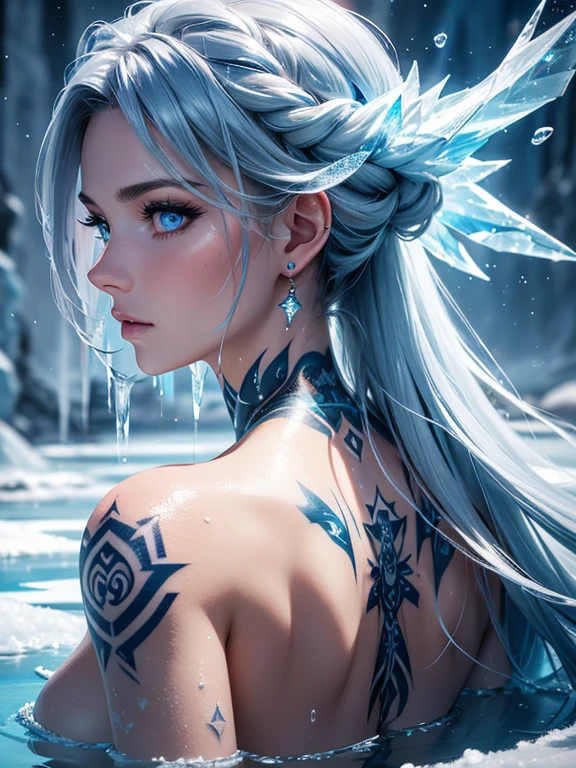 (best quality) (close up) girl with ice for hair that flows over and down her back looking over her shoulder, (frost) dark ice blue eyes intensely staring, water tattoos on her face, water tattoos on her back, tattoos, blizzard, wall of water and ice in background, HDR, 4K, Ultra high detail, 3D, 3D animation