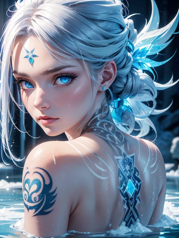 (best quality) (close up) girl with ice for hair that flows over and down her back looking over her shoulder, (frost) dark ice blue eyes intensely staring, water tattoos on her face, water tattoos on her back, tattoos, blizzard, wall of water and ice in background, HDR, 4K, Ultra high detail, 3D, 3D animation
