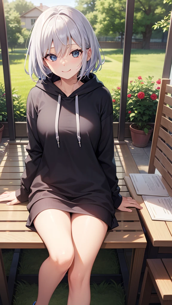 (masutepiece: 1.2, Best Quality), 1 Lady, Solo, silber hair,Shoulder out,Very short hair, long bangs between eyes, blue eyess,Black eyes, Hoodie,White hair, Silver hair, Hoodie, White hoodie、blue-sky、in woods、izumi、flower  field、sit a chair、A smile、open open mouth、5 fingers