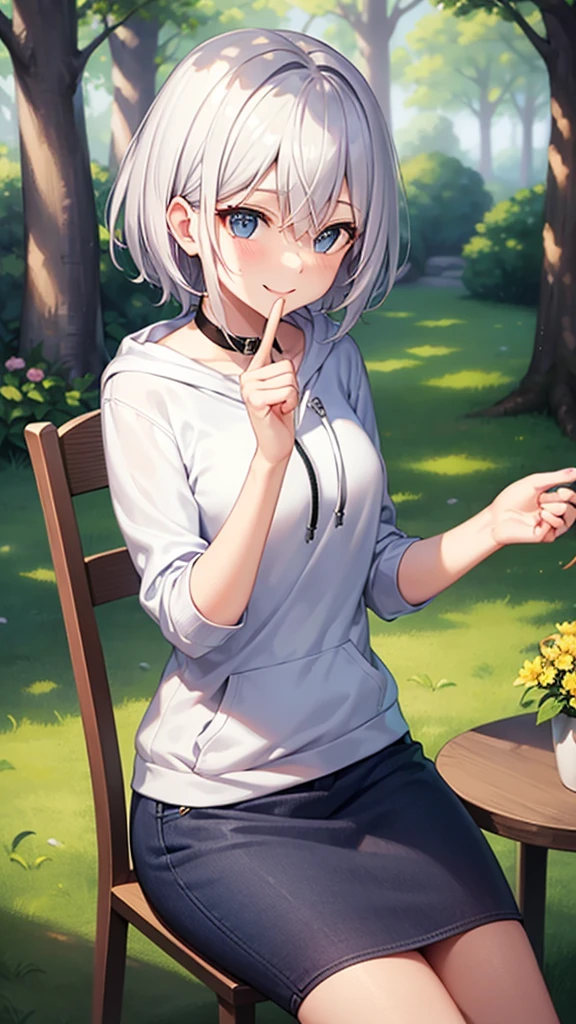 (masutepiece: 1.2, Best Quality), 1 Lady, Solo, silber hair,Shoulder out,Very short hair, long bangs between eyes, blue eyess,Black eyes, Hoodie,White hair, Silver hair, Hoodie, White hoodie、blue-sky、in woods、izumi、flower field、sit a chair、A smile、open open mouth、5 fingers