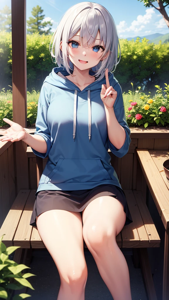 (masutepiece: 1.2, Best Quality), 1 Lady, Solo, silber hair,Shoulder out,Very short hair, long bangs between eyes, blue eyess,Black eyes, Hoodie,White hair, Silver hair, Hoodie, White hoodie、blue-sky、in woods、izumi、flower  field、sit a chair、A smile、open open mouth、5 fingers