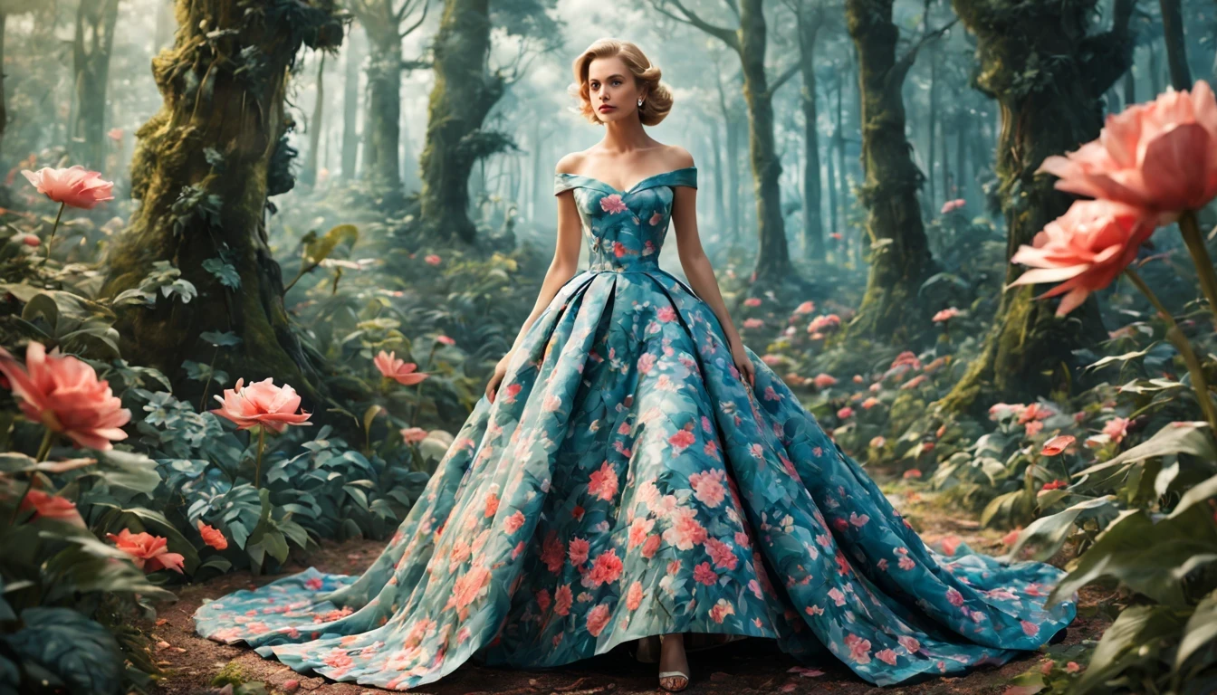 uma fada floral "Grace Kelly com vestido Azul longo", as central in a whimsical forest setting, where vibrant flowers and lush vegetation create a magical setting. A fada floral, a delicate and ethereal being, Paira graciosamente entre as flores, suas asas fofoqueiras brilhando sob a luz do sol fraca. She wears a dress woven of petals and leaves, adorned with intricate floral patterns that mirror its surroundings, randome pose