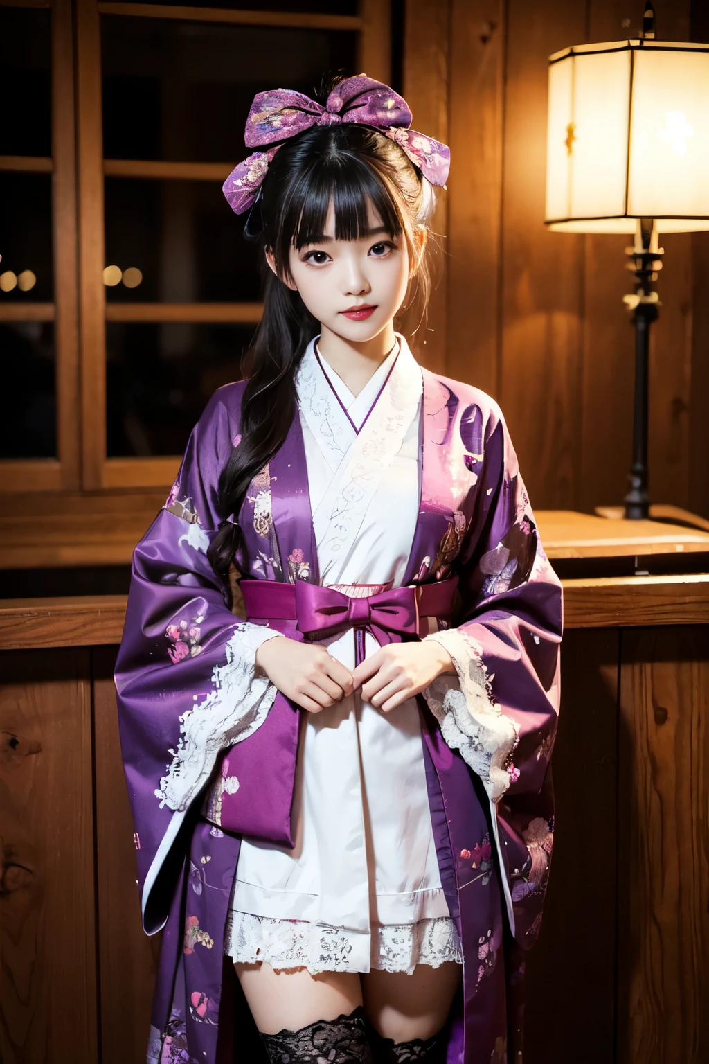 （in 8K, Best Quality, masutepiece:1.2)、超A high resolution、A beautiful and elegant 20 year old woman,A dark-haired,Detailed fingers,elaborate costume,Luxury kimono,mini length black kimono,detailed embroidery,lots of lace,pink rip,eye shadow light purple,red lips,blunt bangs,up hair,lolita fashion,bow ribbon,Head dress、white lace short socks,is standing,Captivate your audience,a smile,Cinema Lighting,Western-style room