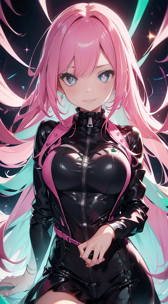 One adult woman, pink eyes, long blonde hair, space, black-pink plug suit