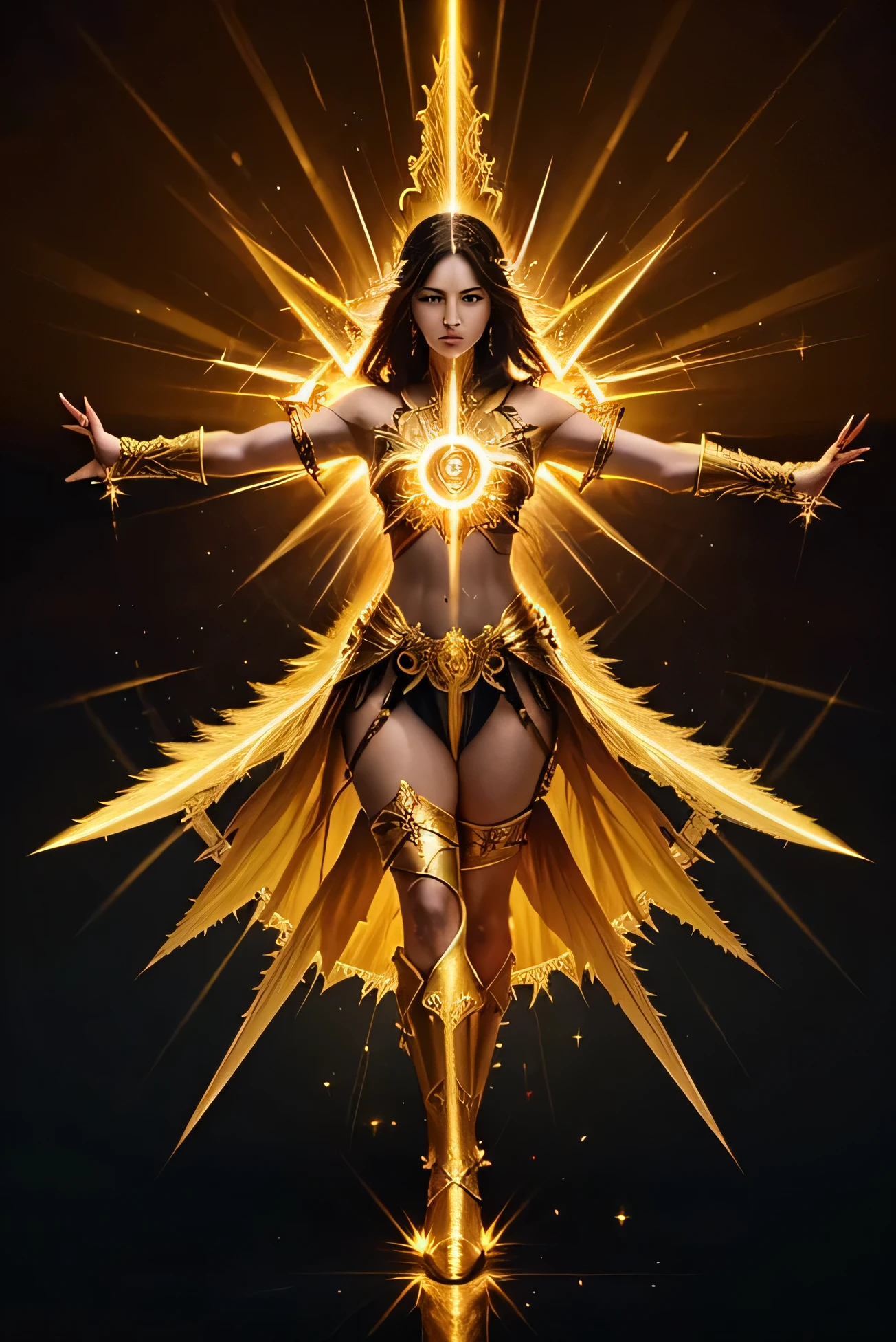 Generate an image featuring a divine being with four arms, radiating a golden aura, situated in a realm of darkness, wielding four majestic swords.