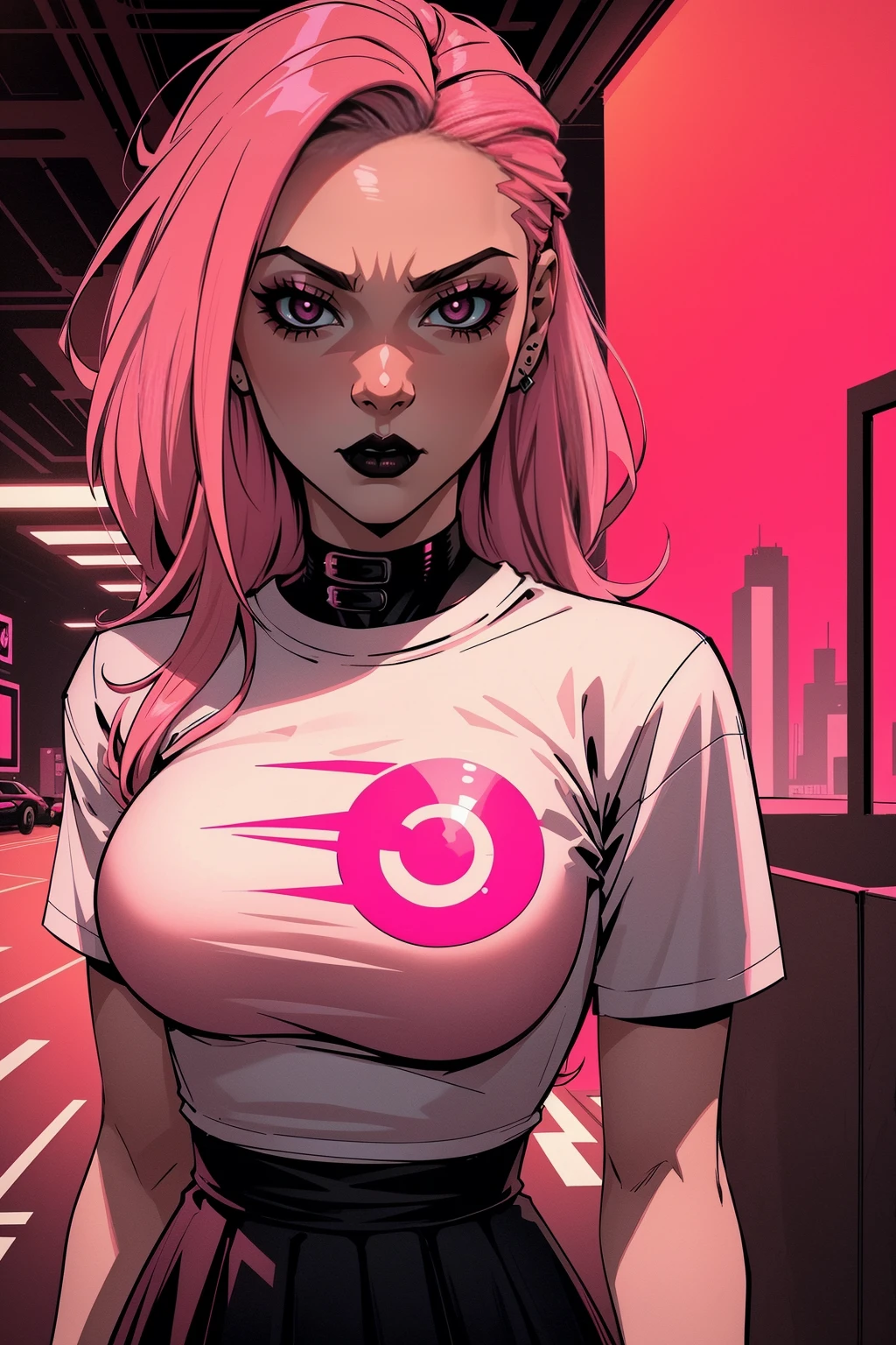 a woman with medium salmon-pink hair, wearing a white comic t-shirt and black skirt, cyberpunk art, gothic art, cute aesthetic with vibe, toon aesthetic, wearing red costume, wearing gothic accessories