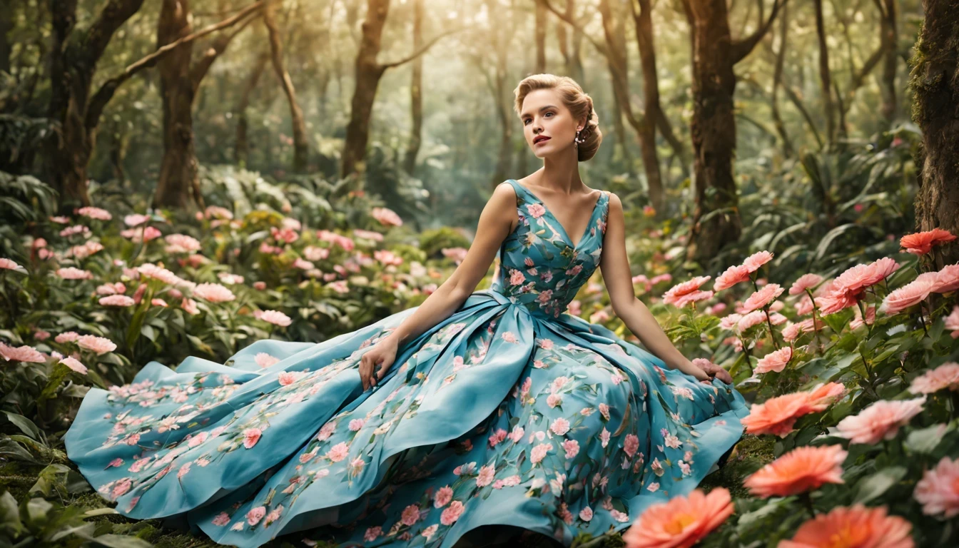 uma fada floral "Grace Kelly com vestido Azul longo", as central in a whimsical forest setting, where vibrant flowers and lush vegetation create a magical setting. A fada floral, a delicate and ethereal being, Paira graciosamente entre as flores, suas asas fofoqueiras brilhando sob a luz do sol fraca. She wears a dress woven of petals and leaves, adorned with intricate floral patterns that mirror its surroundings, randome pose