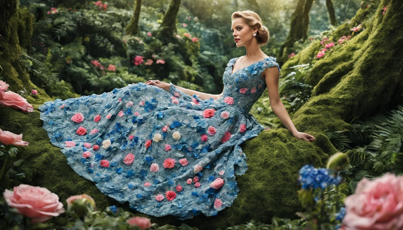 uma fada floral "Grace Kelly com vestido Azul longo", as central in a whimsical forest setting, where vibrant flowers and lush vegetation create a magical setting. A fada floral, a delicate and ethereal being, Paira graciosamente entre as flores, suas asas fofoqueiras brilhando sob a luz do sol fraca. She wears a dress woven of petals and leaves, adorned with intricate floral patterns that mirror its surroundings, randome pose