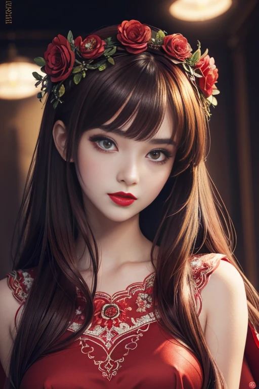 (masterpiece),(best quality:1.0), (ultra highres:1.0), detailed illustration, 8k, anime, 1girl, beautiful anime girl, wearing a red dress, flower crown, pretty face, detailed face, beautiful eyes, detailed eyes, dark red eyes, bright red lips, red lipstick, beautiful stylish hair, highlights in hair, bangs anime style, best quality, vibrant