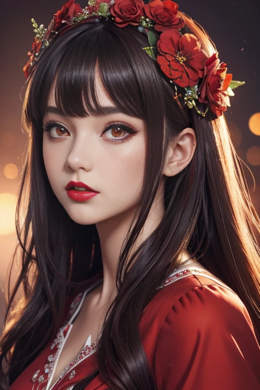 (masterpiece),(best quality:1.0), (ultra highres:1.0), detailed illustration, 8k, anime, 1girl, beautiful anime girl, wearing a red dress, flower crown, pretty face, detailed face, beautiful eyes, detailed eyes, dark red eyes, bright red lips, red lipstick, beautiful stylish hair, highlights in hair, bangs anime style, best quality, vibrant