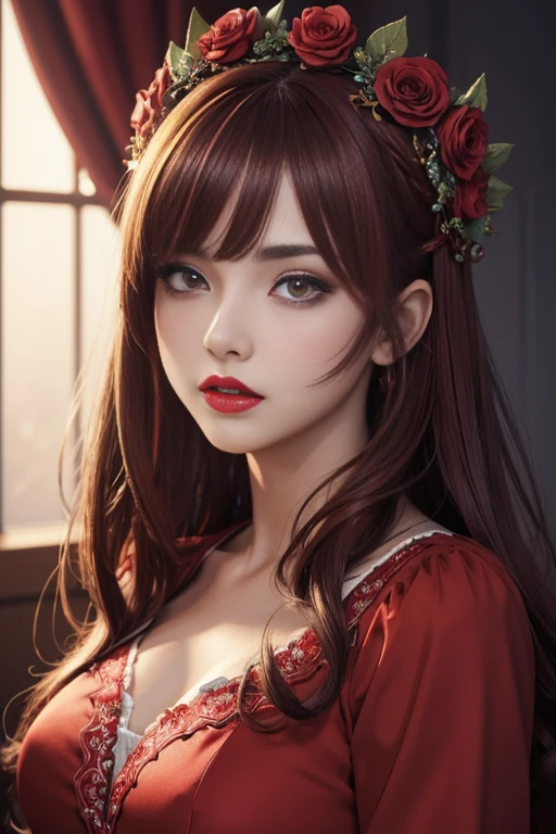 (masterpiece),(best quality:1.0), (ultra highres:1.0), detailed illustration, 8k, anime, 1girl, beautiful anime girl, wearing a red dress, flower crown, pretty face, detailed face, beautiful eyes, detailed eyes, dark red eyes, bright red lips, red lipstick, beautiful stylish hair, highlights in hair, bangs anime style, best quality, vibrant