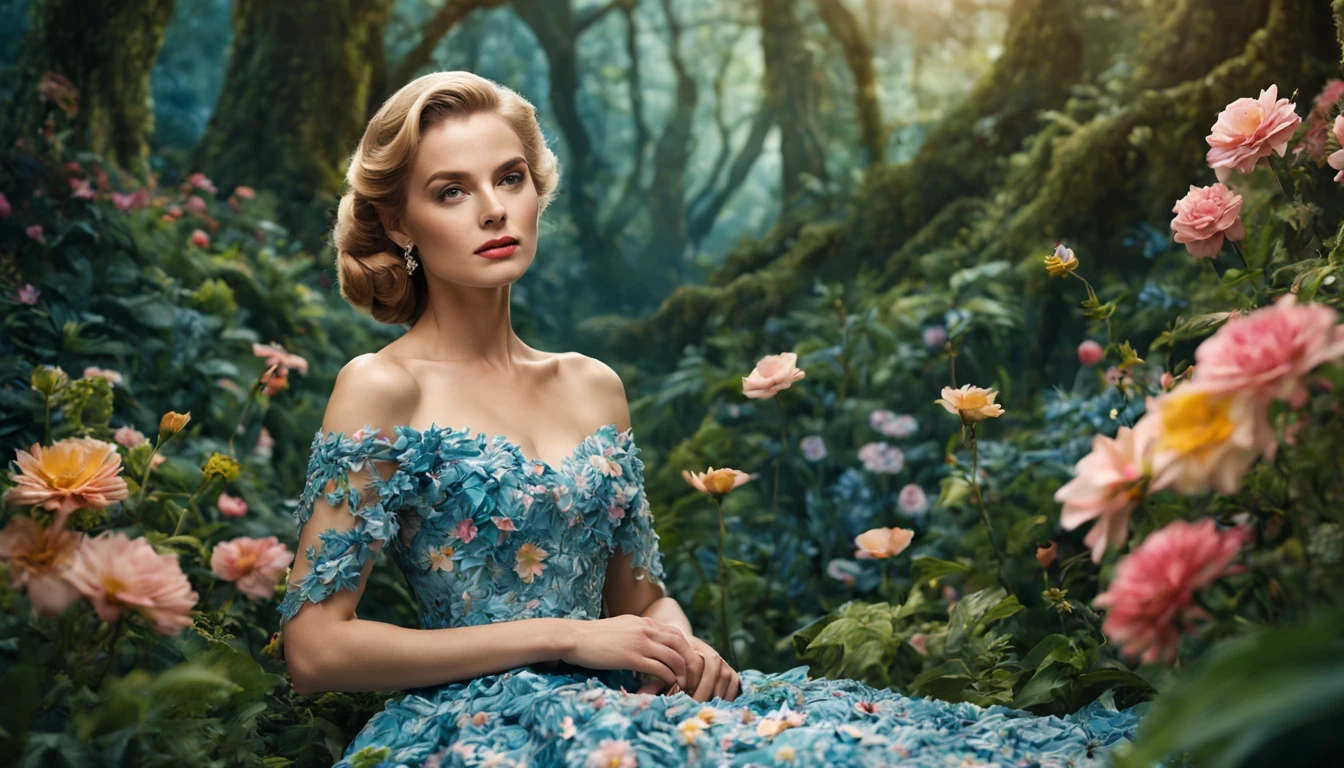 uma fada floral "Grace Kelly com vestido Azul longo", as central in a whimsical forest setting, where vibrant flowers and lush vegetation create a magical setting. A fada floral, a delicate and ethereal being, Paira graciosamente entre as flores, suas asas fofoqueiras brilhando sob a luz do sol fraca. She wears a dress woven of petals and leaves, adorned with intricate floral patterns that mirror its surroundings, randome pose